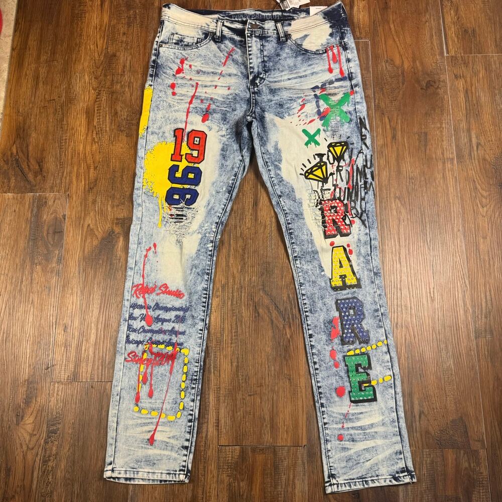 Rue 21 34 x 34 Premium Supreme Flex Skinny jean graffiti paint acid wash